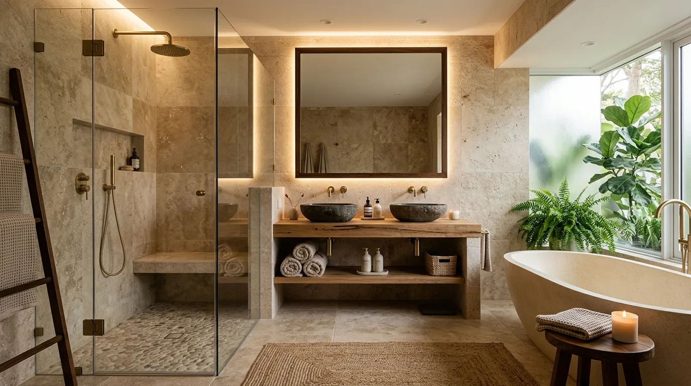 Bring in natural stone for spa warmth inspiration for a tiled bathroom.